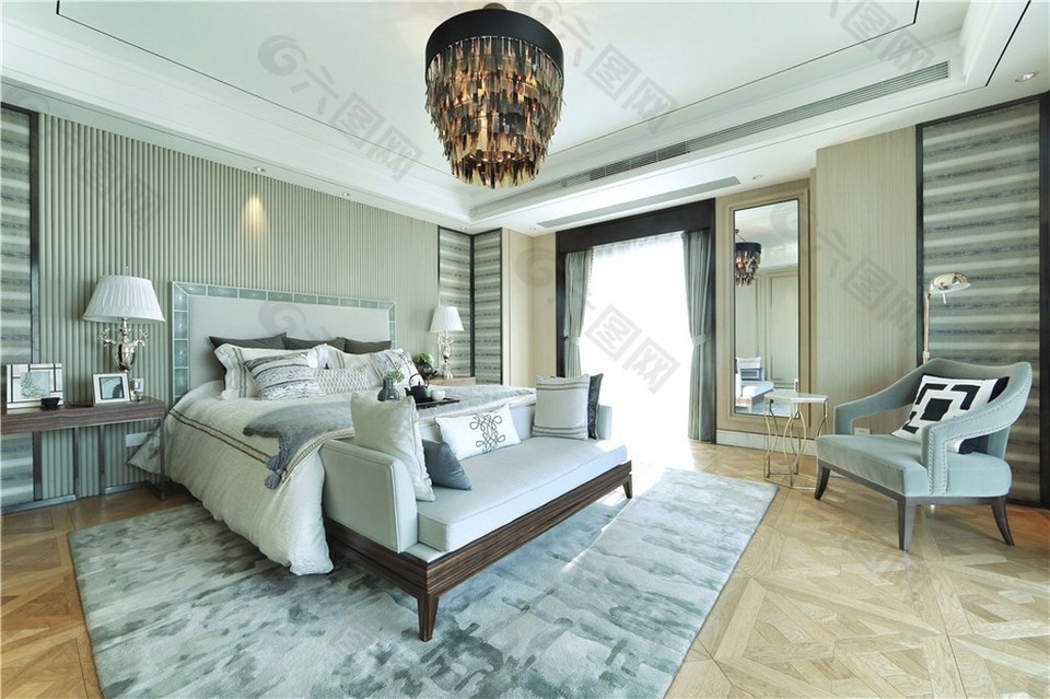 新中式简约卧室大床吊灯设计图