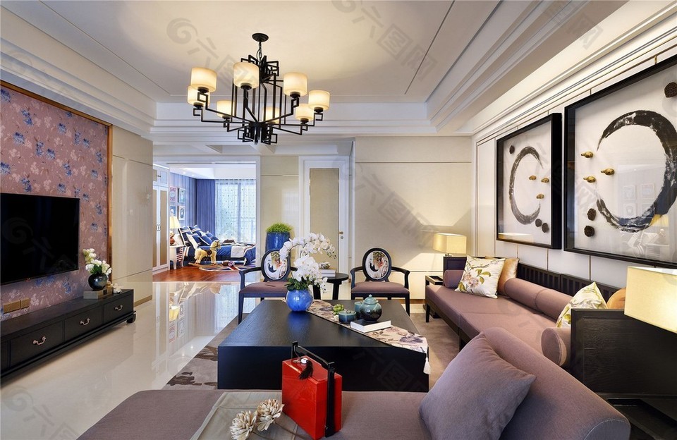 新中式简约客厅吊灯沙发设计图