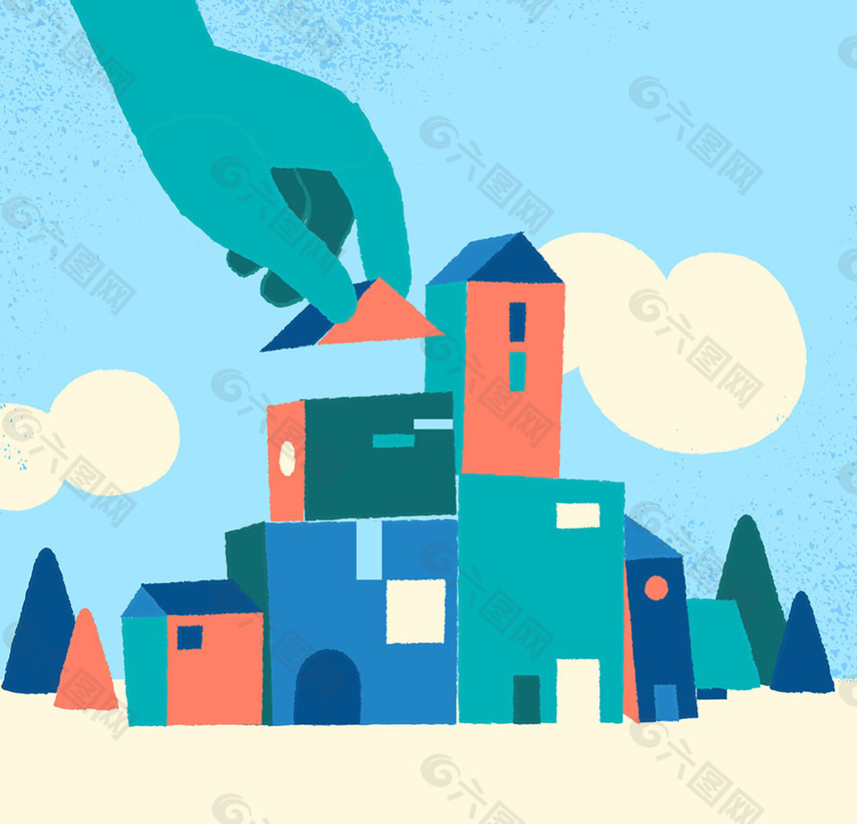 彩色抽象手建房屋蓝色背景