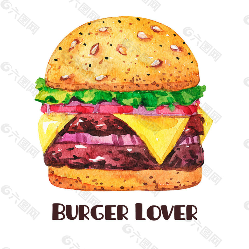 水彩风格美味的芝士汉堡插图
