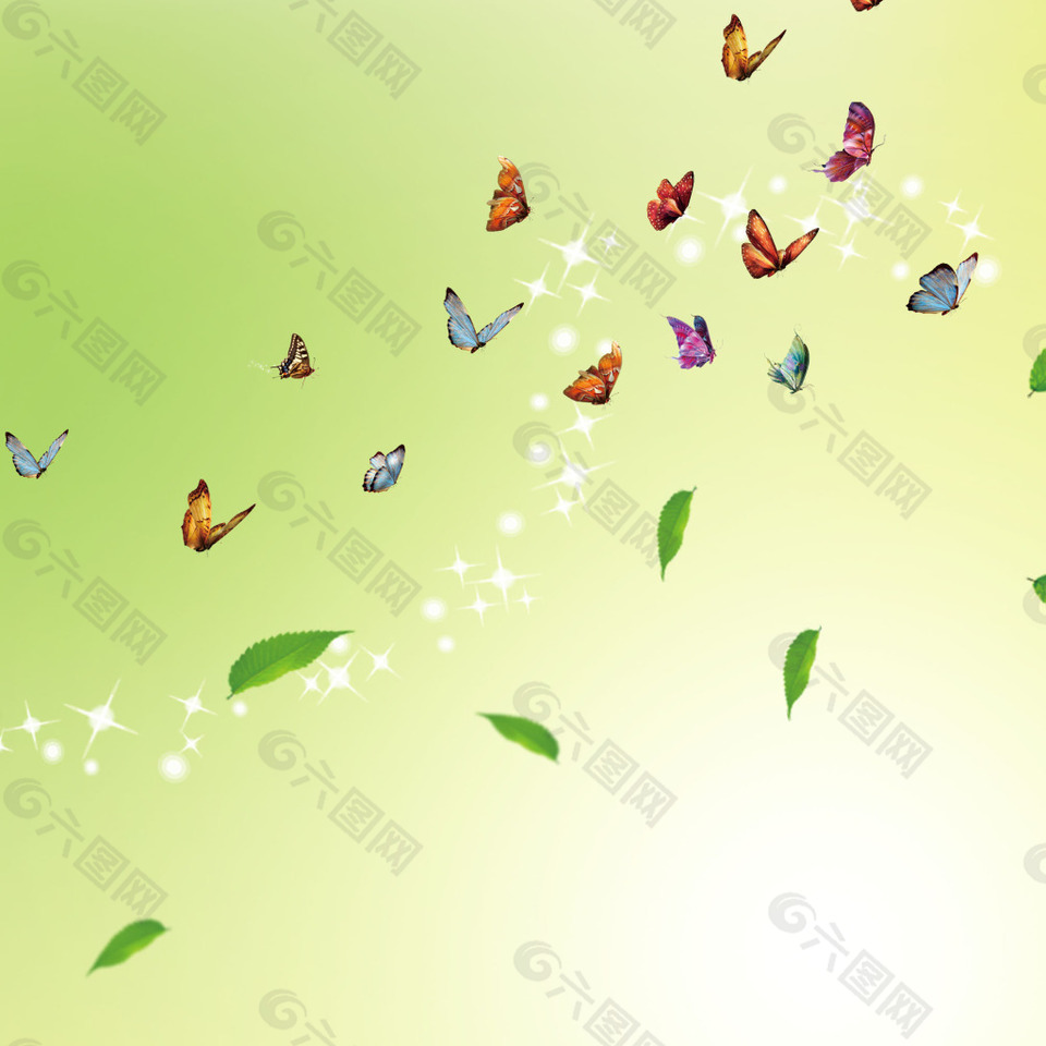 蝴蝶落叶高光绿色背景素材