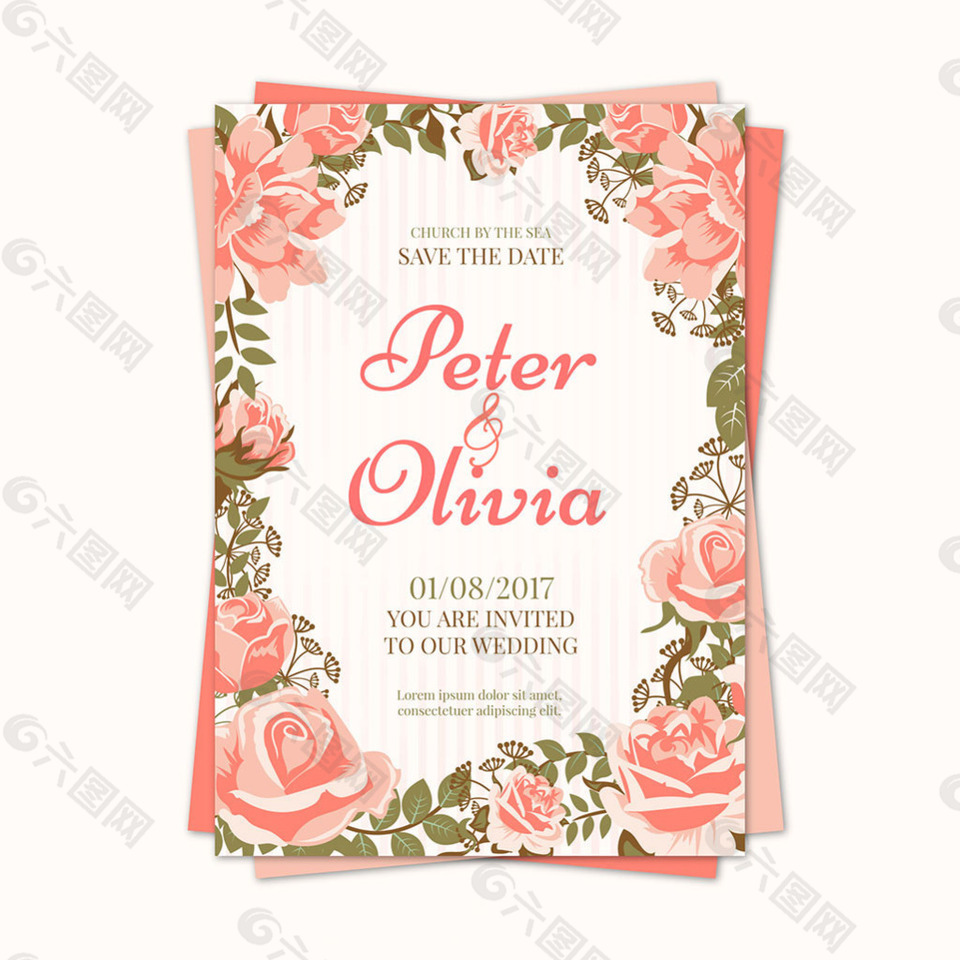 漂亮的玫瑰装饰边框婚礼邀请卡