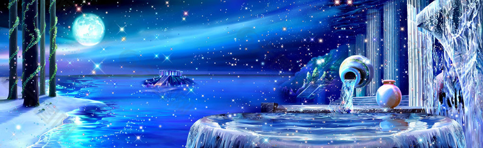 大海喷泉月亮风景图片