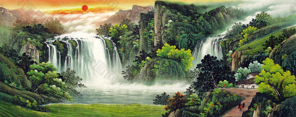 瀑布风景油画图片