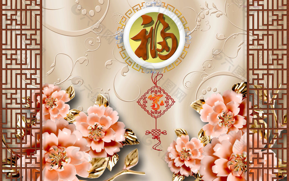 玉雕花朵3D背景墙图片