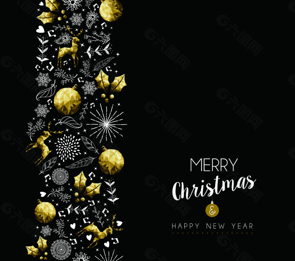 金色新年装饰雪花铃铛矢量素材素材