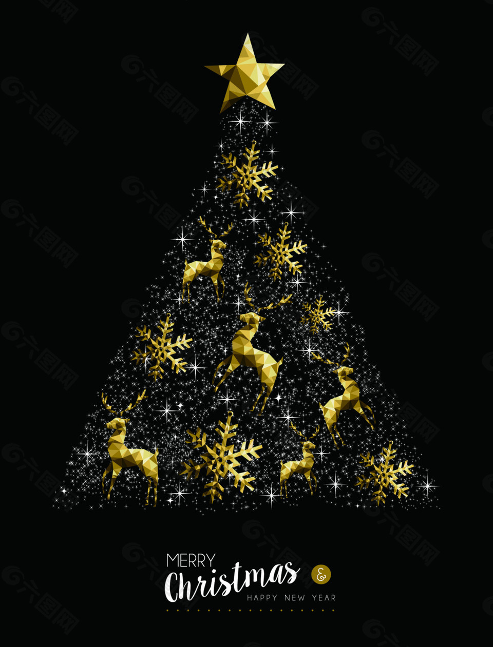 圣诞树金色新年装饰雪花铃铛矢量素材