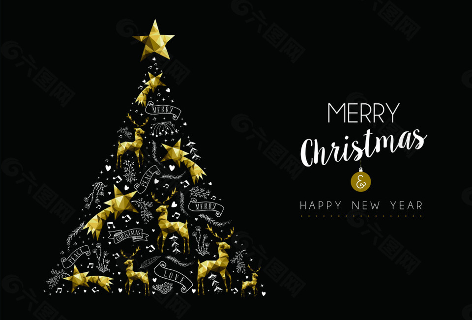 圣诞树金色新年装饰雪花铃铛矢量素材