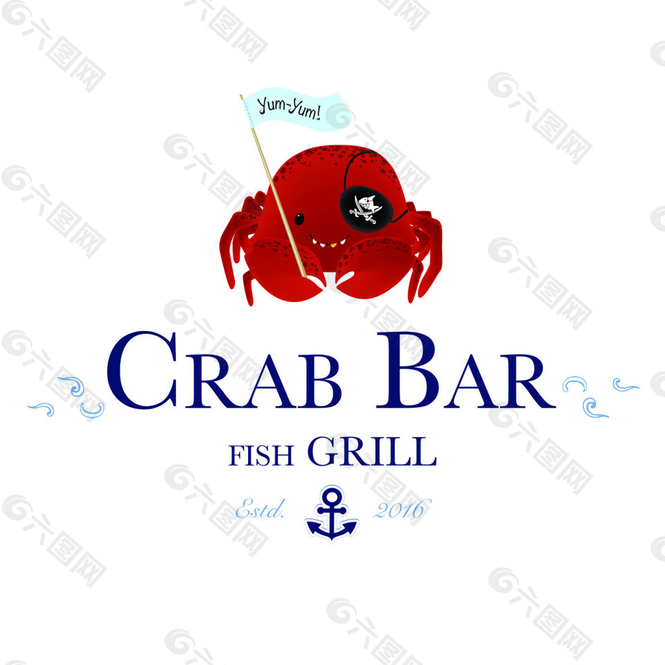 螃蟹卡通线条矢量航海帆船海边图标矢量