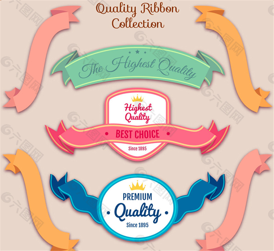 7款彩色复古促销丝带条幅矢量素材