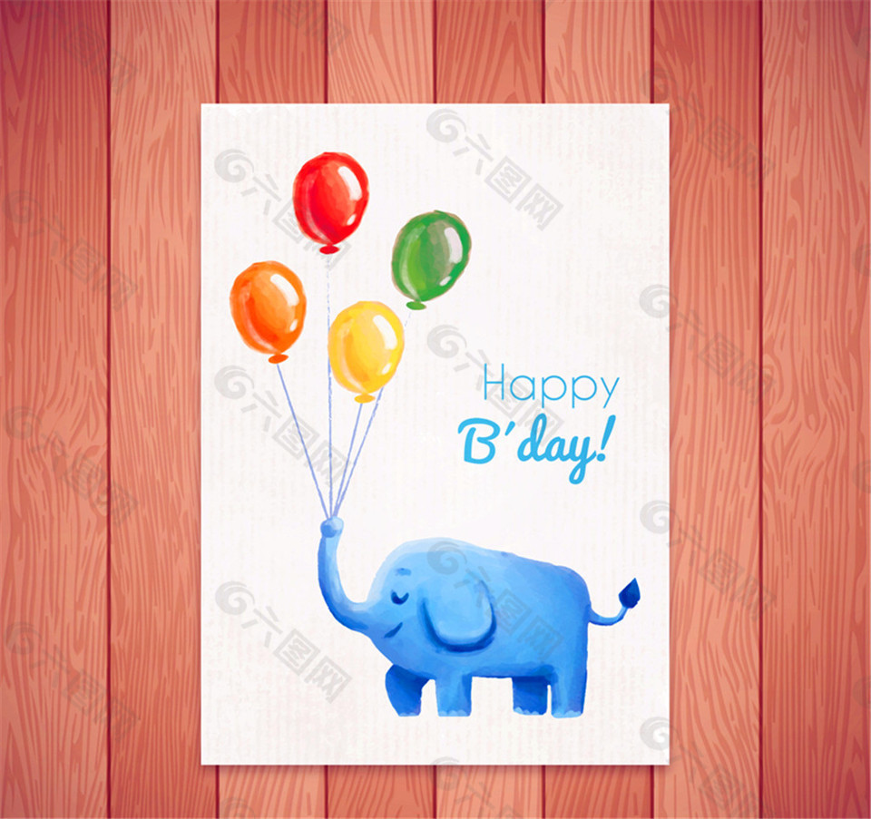 彩绘气球束和大象生日贺卡矢量图