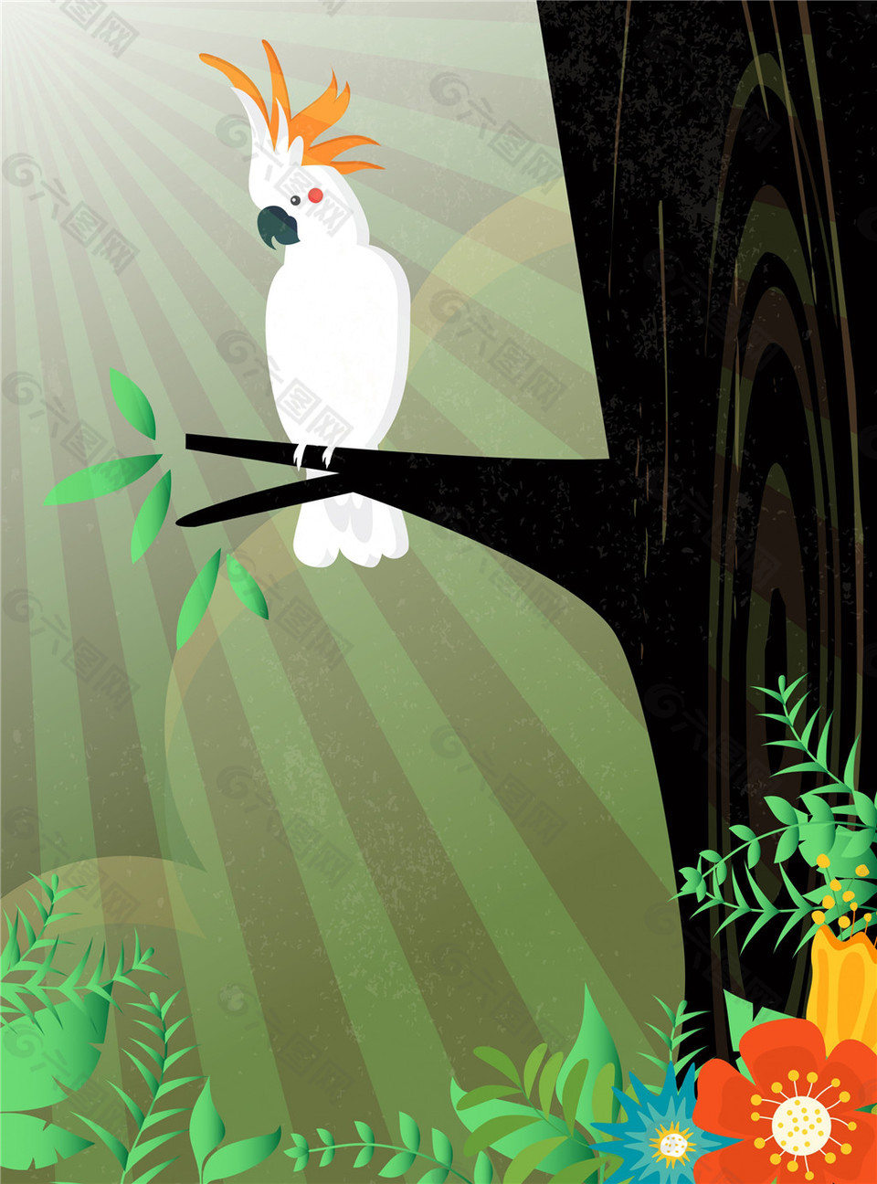 手绘热带雨林鹦鹉插画