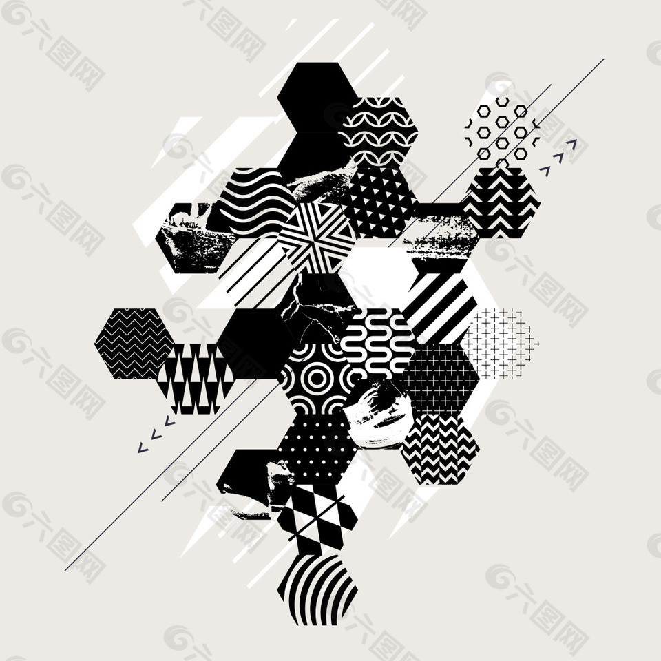 黑白拼色五边形模板