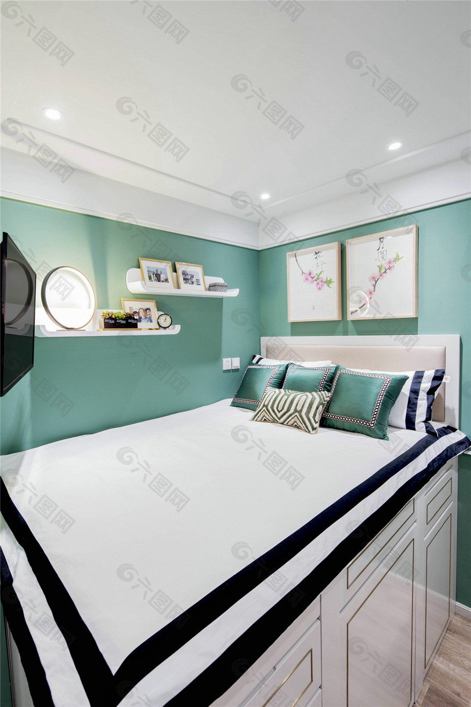 现代小清新卧室大床背景墙设计图