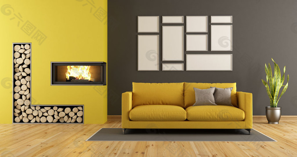 黄色沙发壁画效果图图片