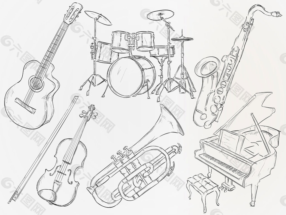 手绘素描风格乐器插图