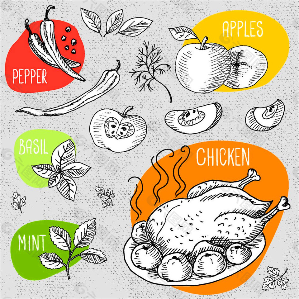 火鸡蔬菜素描插画图片