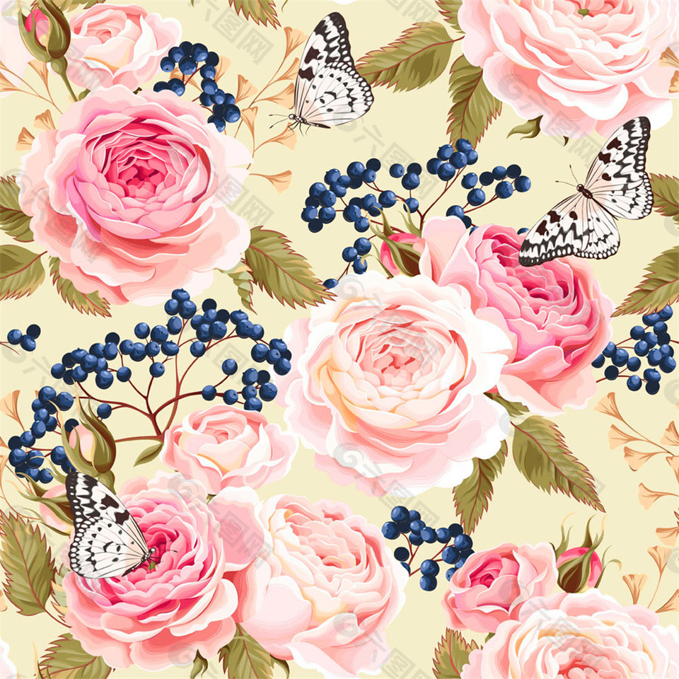 粉色花朵果子蝴蝶图案图片