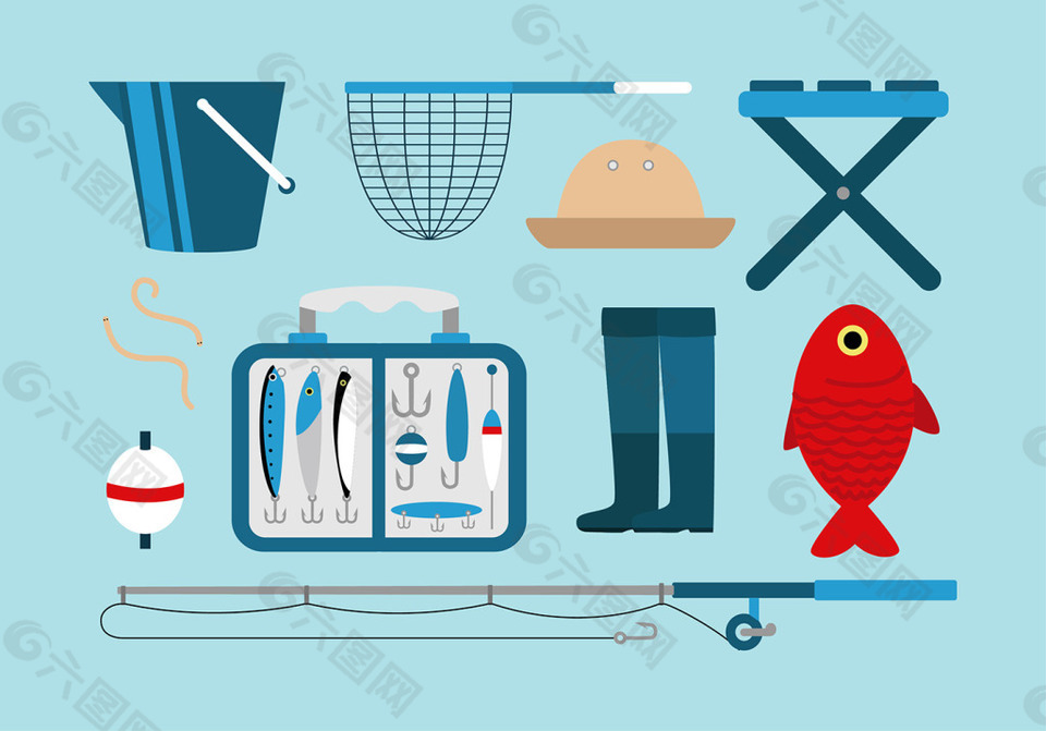 扁平钓鱼渔具图标设计元素素材免费下载(图片编号:8668987)-六图网