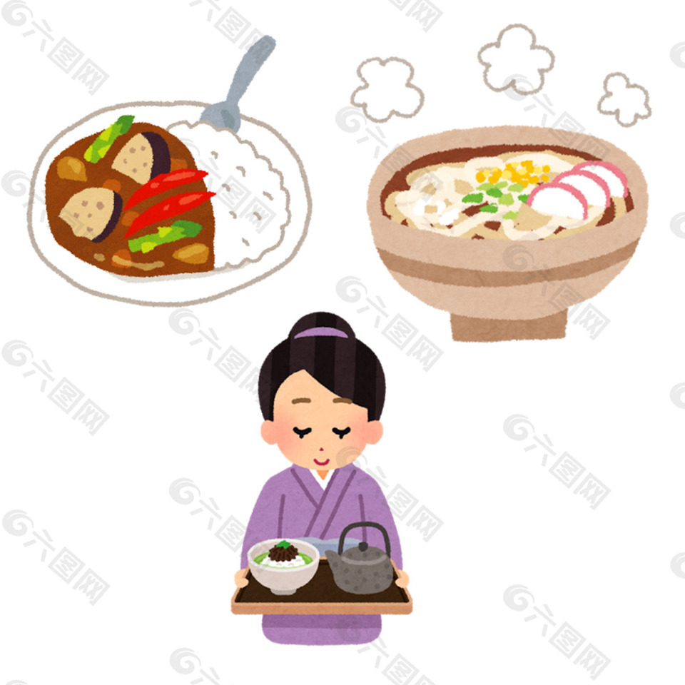日本水彩手绘炒饭寿司面条食物图标设计素材