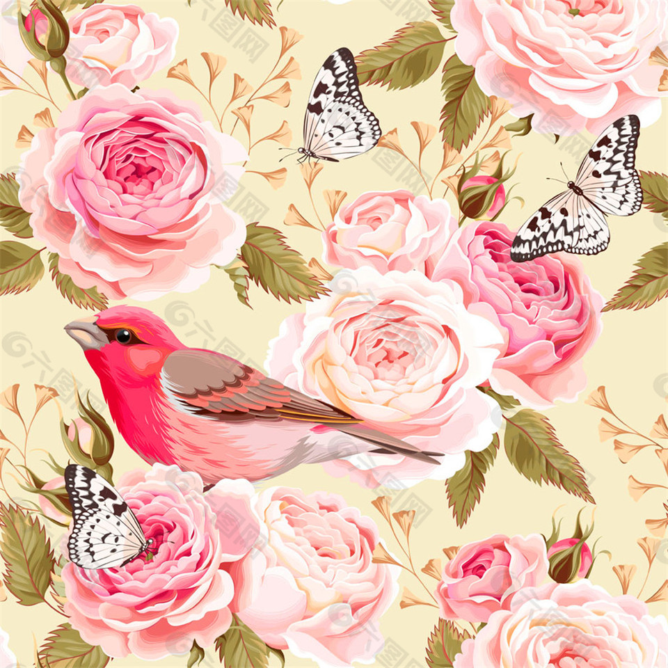 粉色花朵小鸟图案图片