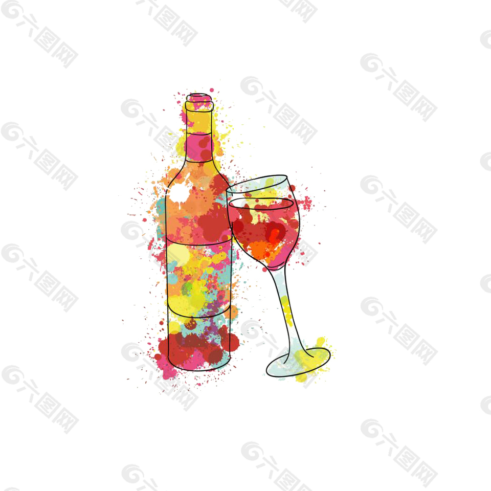 唯美艺术创意彩色手绘酒杯酒瓶