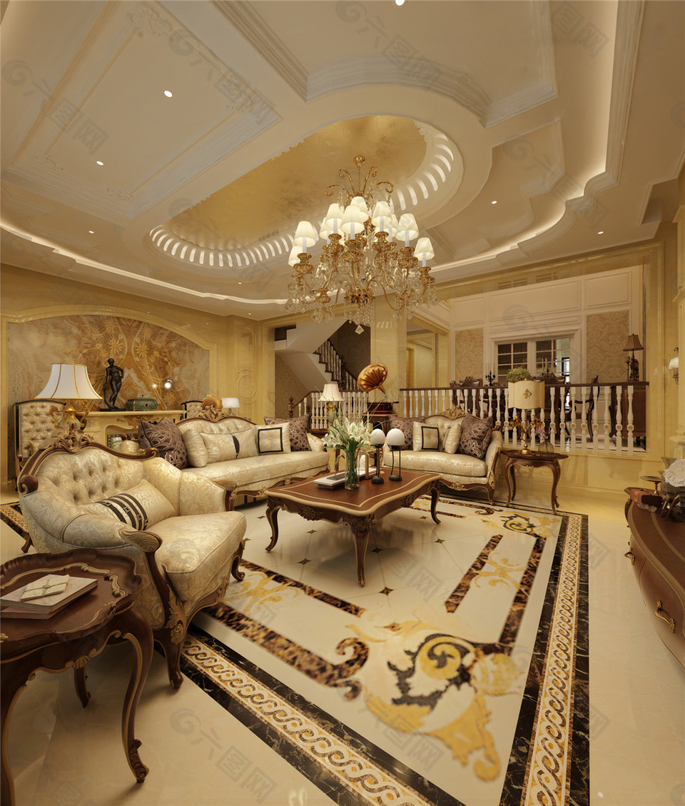 欧式豪华客厅茶几沙发吊灯设计图