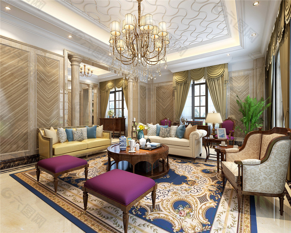 欧式时尚客厅茶几沙发吊灯设计图