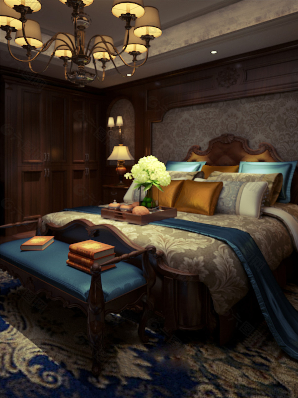 欧式时尚卧室大床床尾凳设计图
