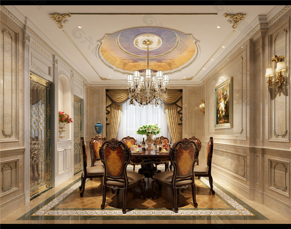 欧式豪华餐厅吊顶落地窗设计图