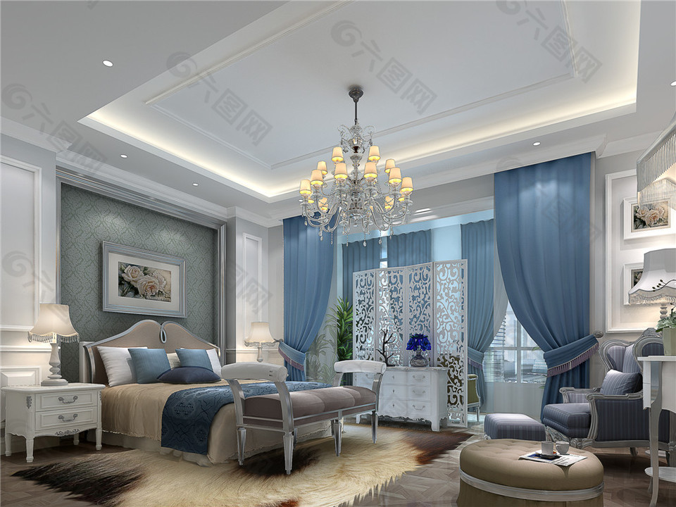 欧式卧室蓝色大床窗户设计图