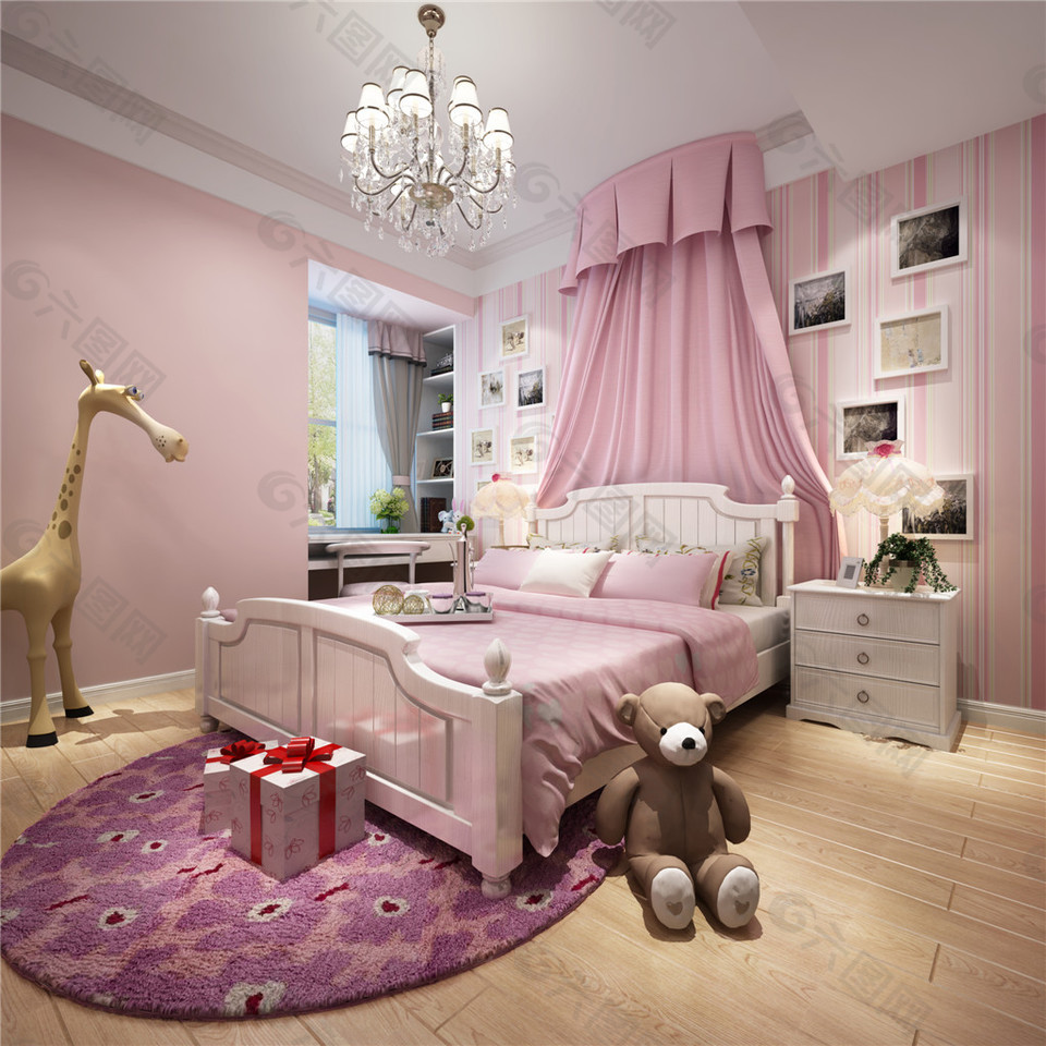 欧式粉色卧室大床设计图