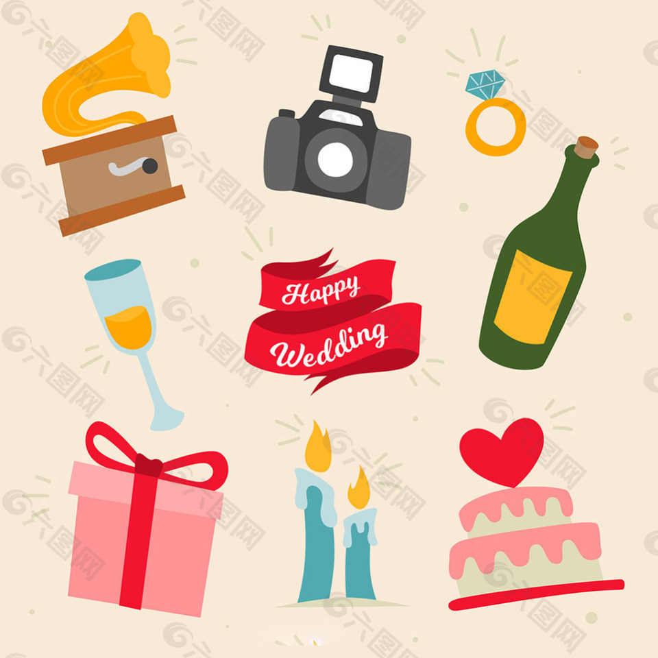 彩色手绘婚礼元素图标