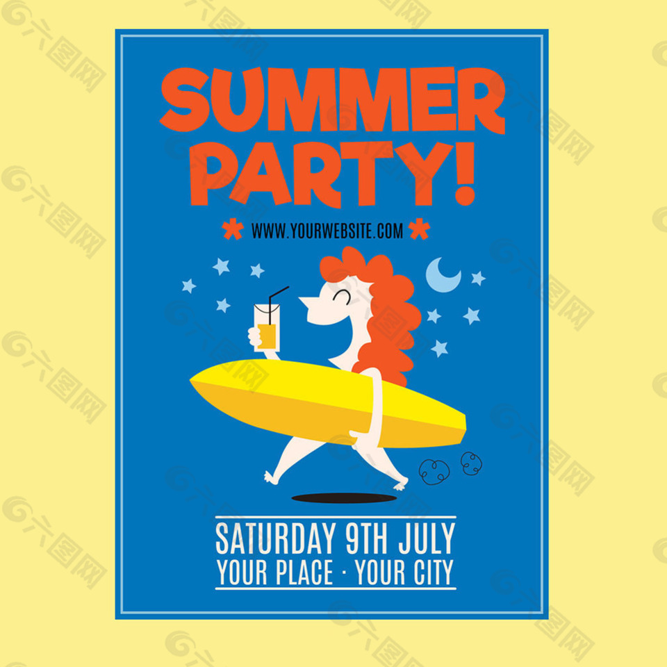 女孩冲浪板夏季派对海报