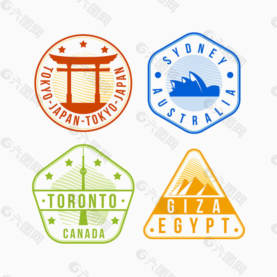 彩色城市邮票平面设计图标