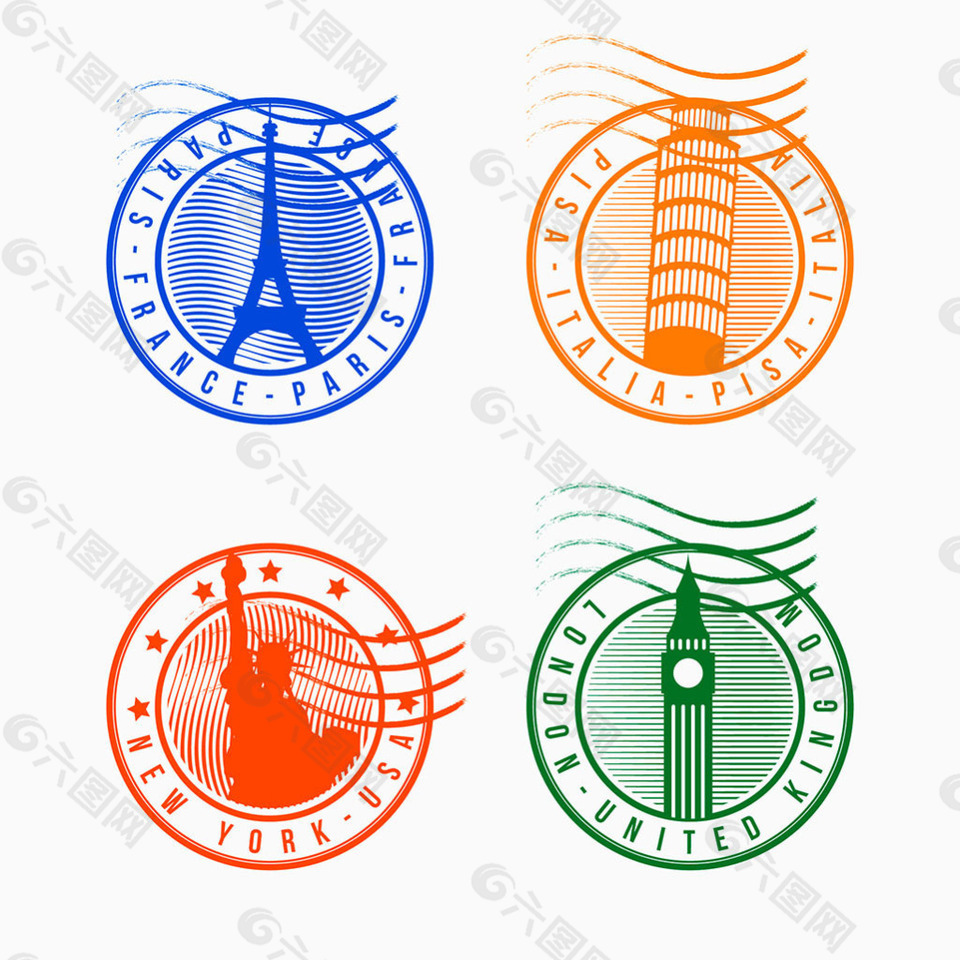 各种不同颜色的圆形城市邮票
