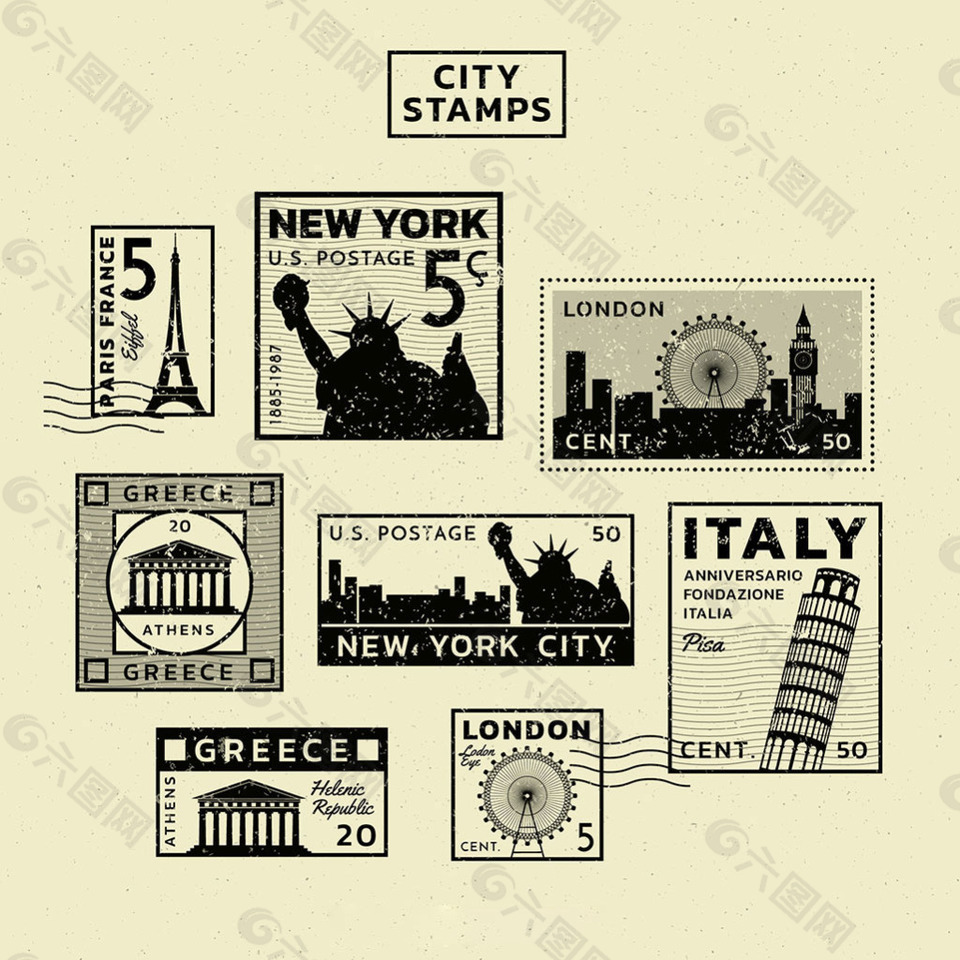 复古风格不同的城市邮票