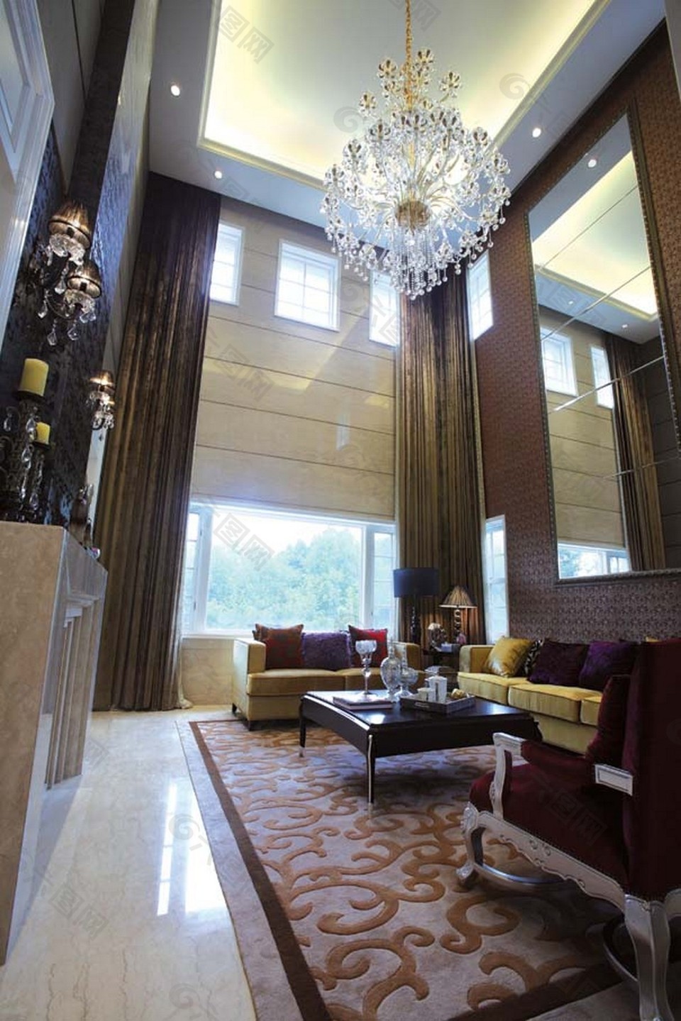 豪华大厅吊灯落地窗设计图
