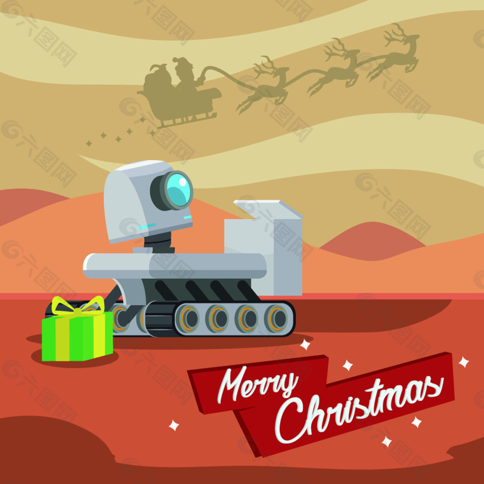 机器人圣诞节送礼物卡通插图矢量素材