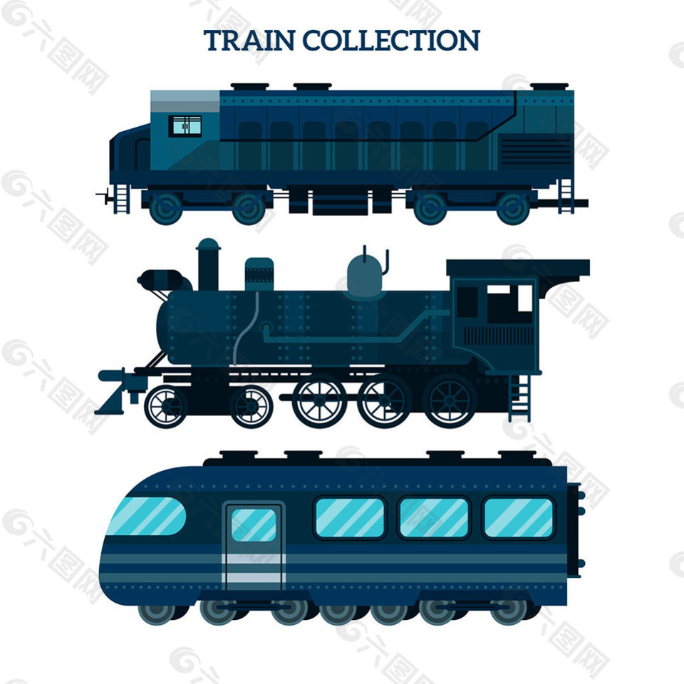 蓝色不同时代火车插图