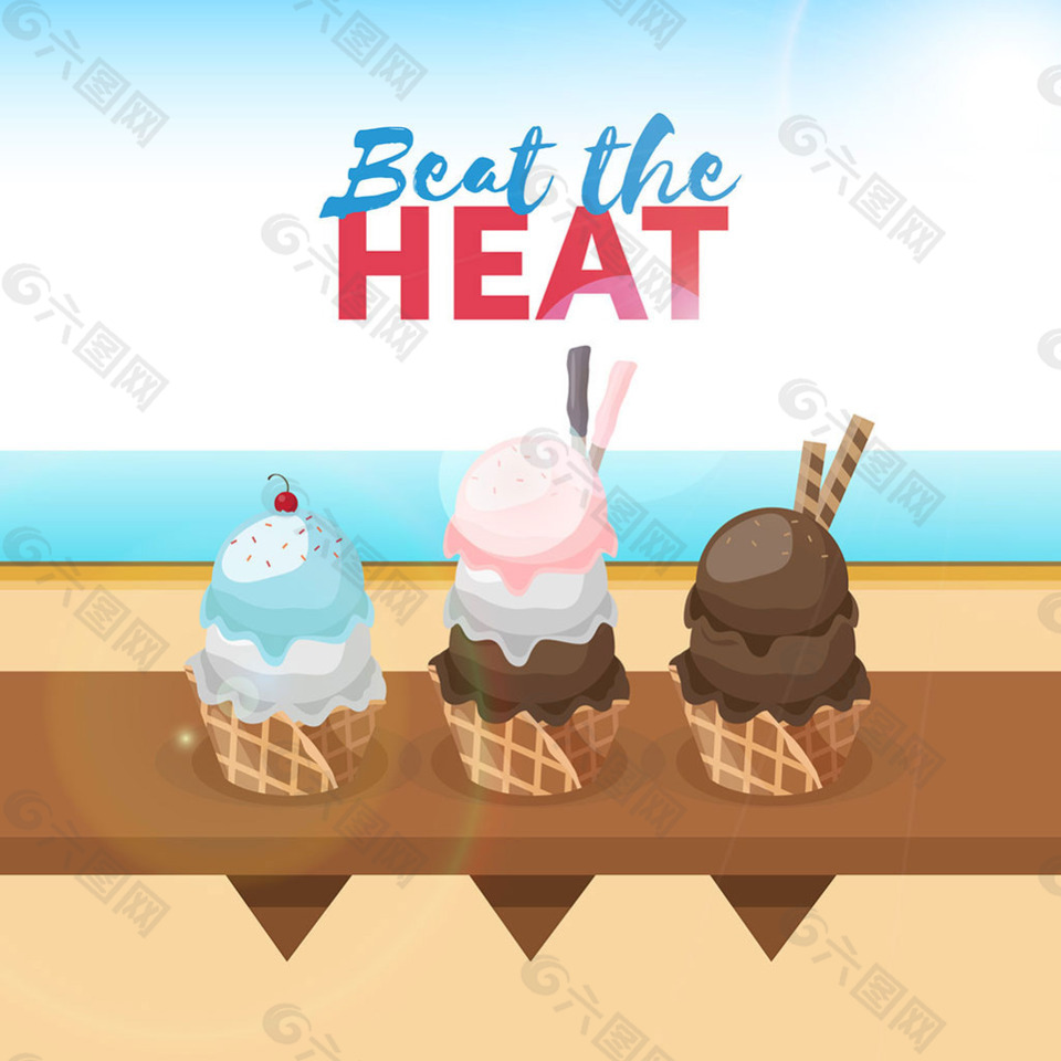 三个美味的冰淇淋海滩背景