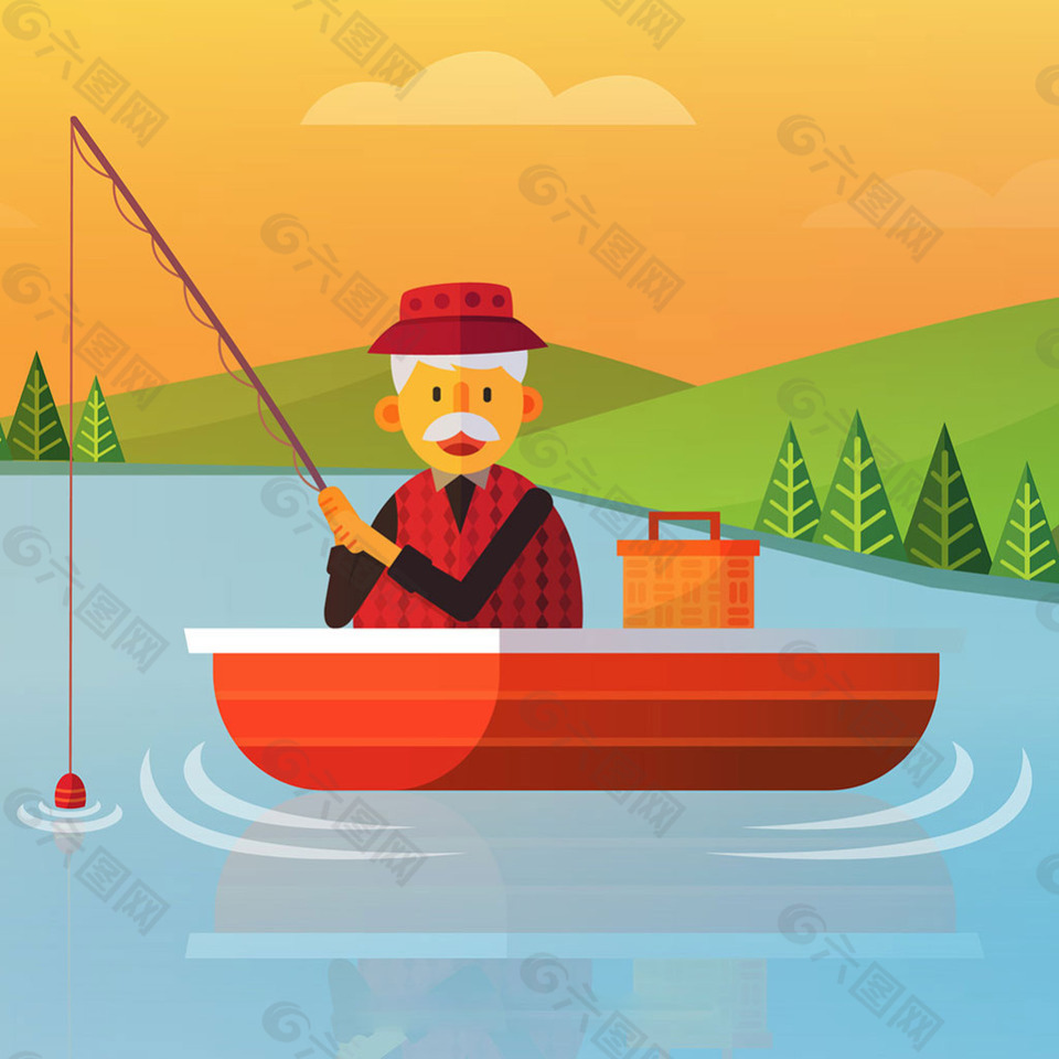 老人在渔船上钓鱼背景