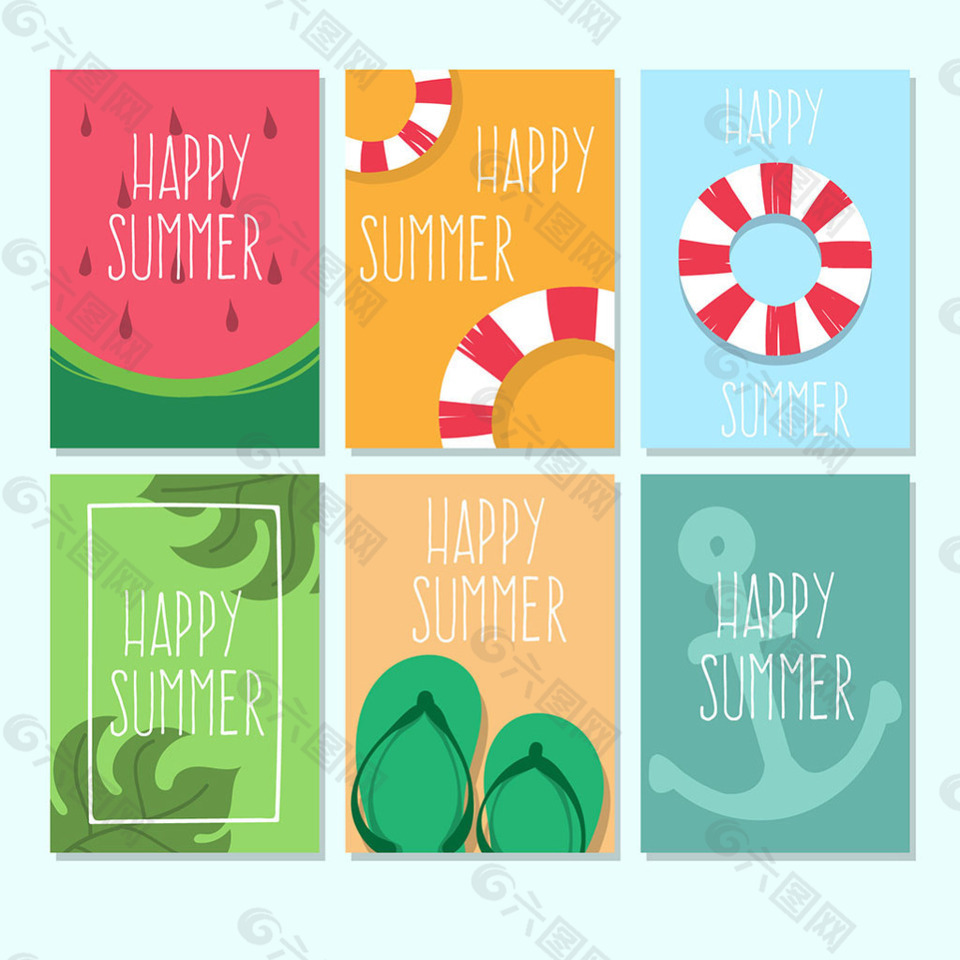 六个手绘夏季元素卡片