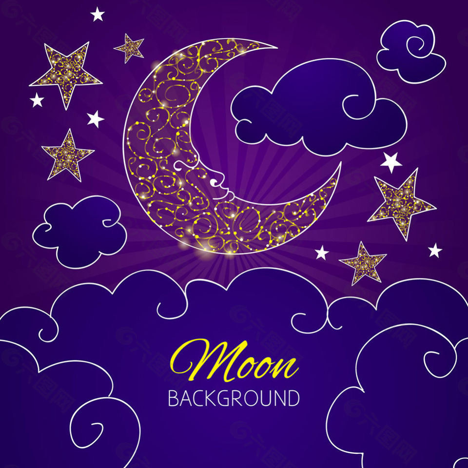 月亮星星云朵紫色背景设计