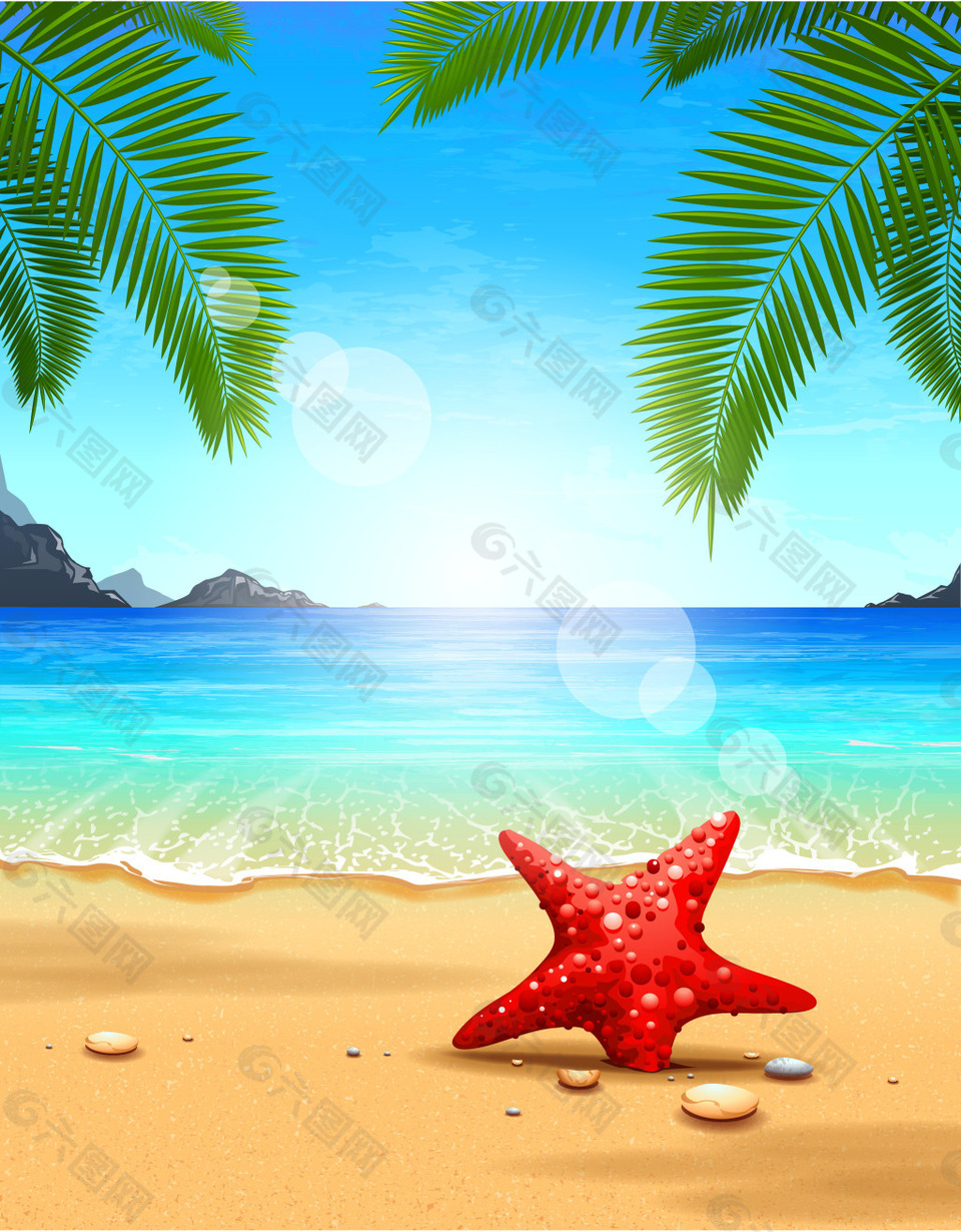蓝色海水沙滩海星背景