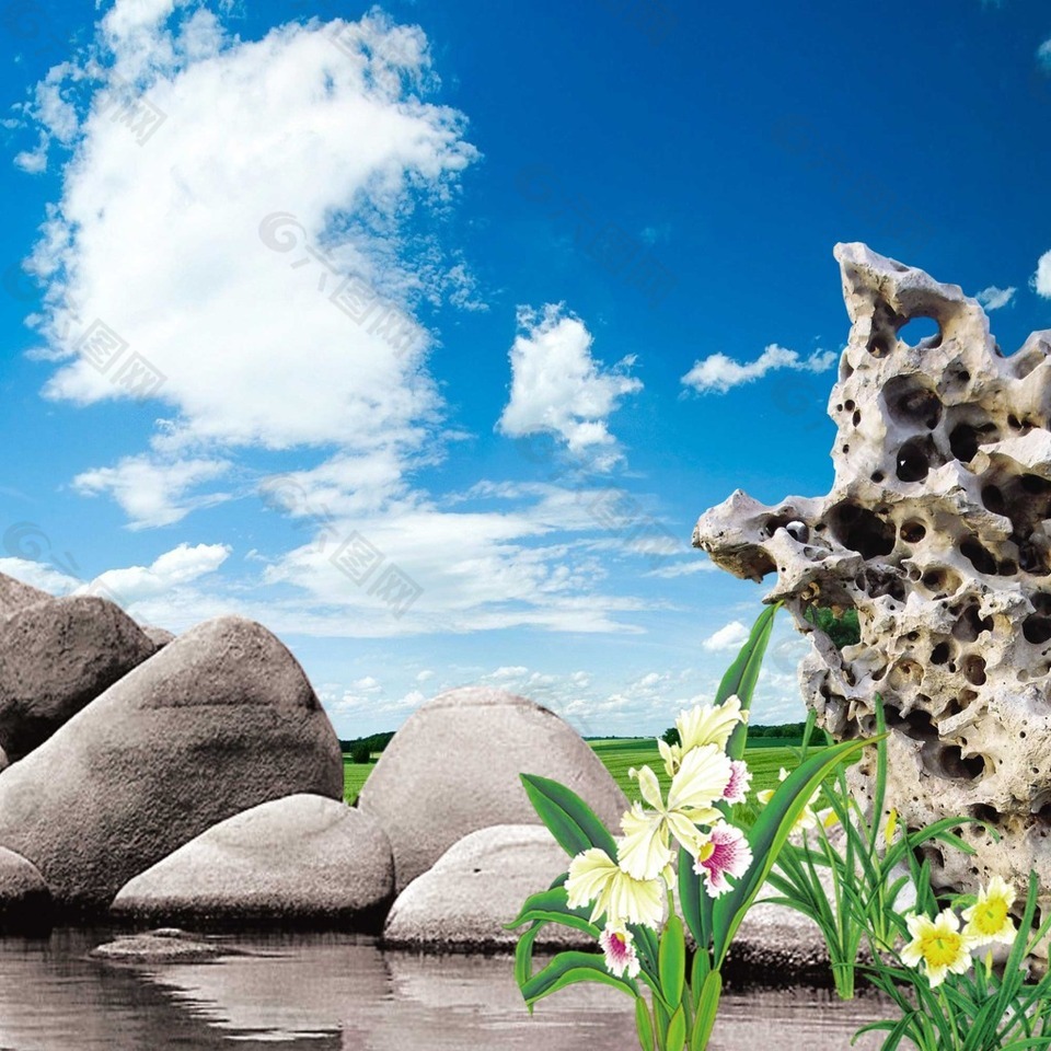 蓝天白云石头假山花朵树叶素材