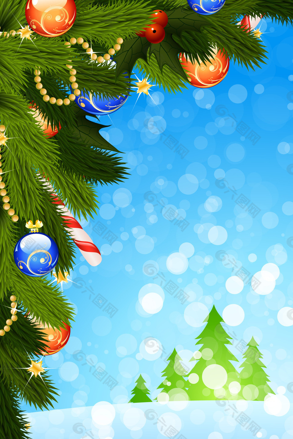 圣诞树枝圆球蓝底背景