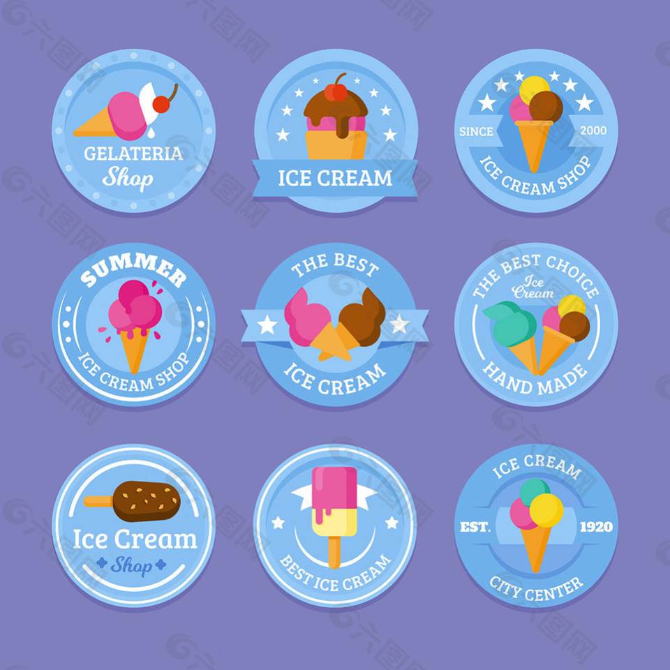 九个圆形蓝色美味的冰淇淋贴纸