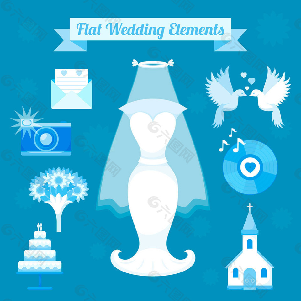 扁平风格蓝调婚礼元素图标