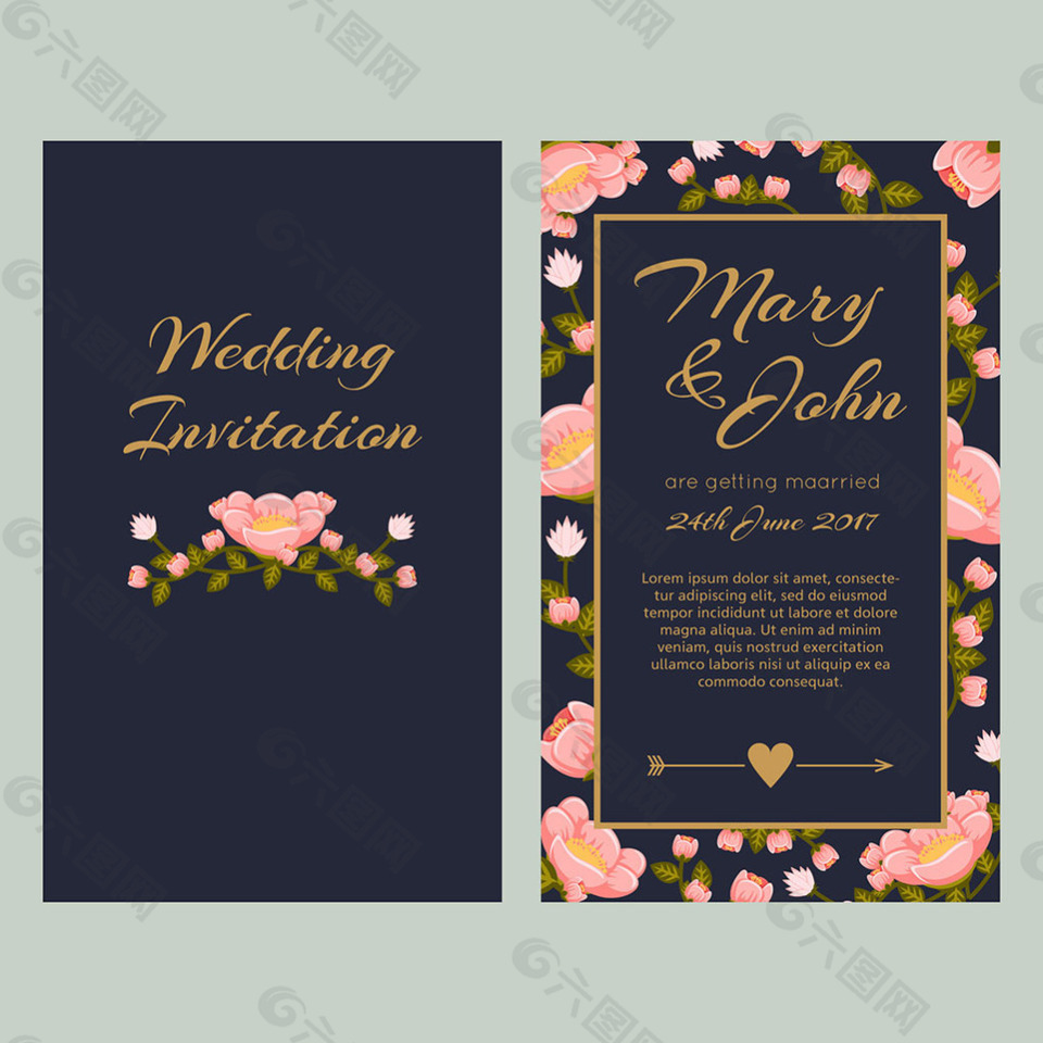 粉红色的花朵深蓝色的婚礼邀请卡